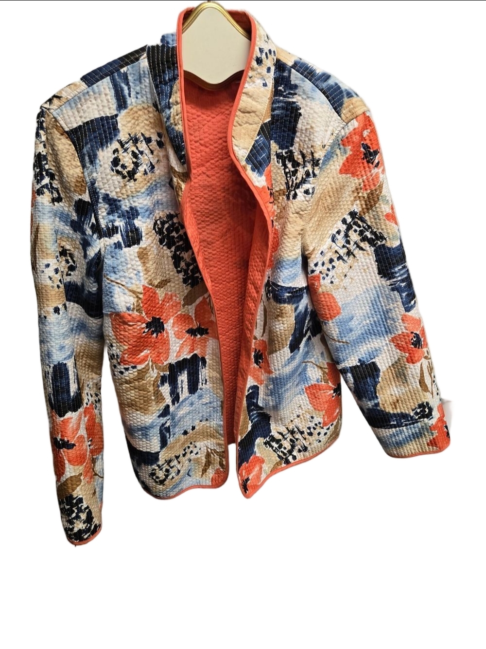 Alfred Dunner Coral, Navy & Cream Quilted Floral Open Jacket